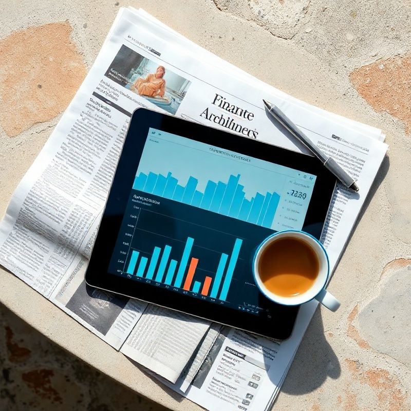 Financijske novine, tablet i grafovi na uredskom stolu